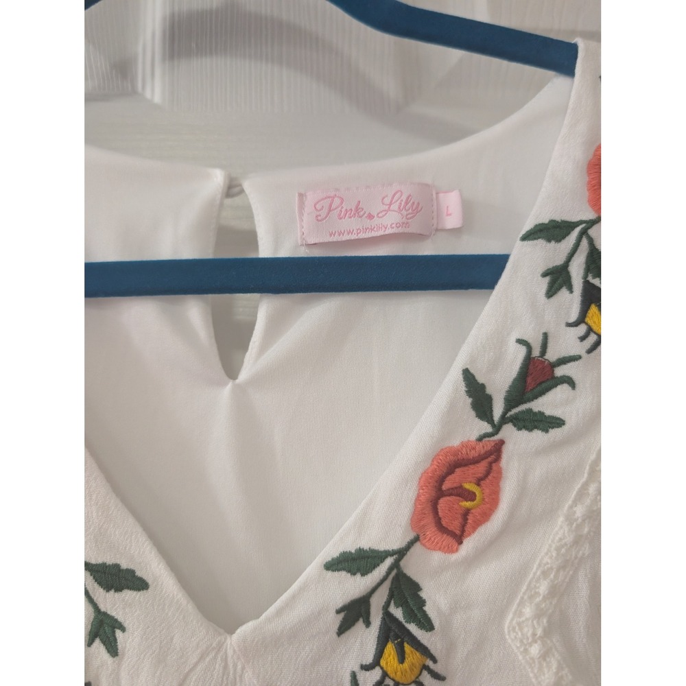 Pink Lily, Large, V-Neck Embroidered White Blouse, Ruffle Sleeve, Babydoll - Picture 2 of 3